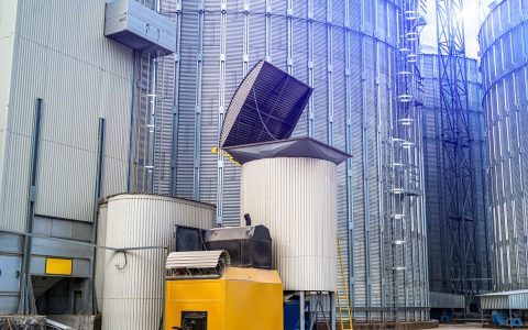 Steel chemistry storage tank. Metal big construction for indusrtial factory.